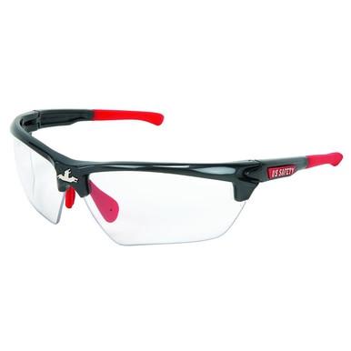 MCR Safety Dominator DM3 Gun Metal Frame Glasses DM131 feature clear lenses with black frames and red accents on the temples, along with adjustable nose pads. The left temple displays the MCR Safety logo, and the glasses come with a scratch-resistant coating for added durability.