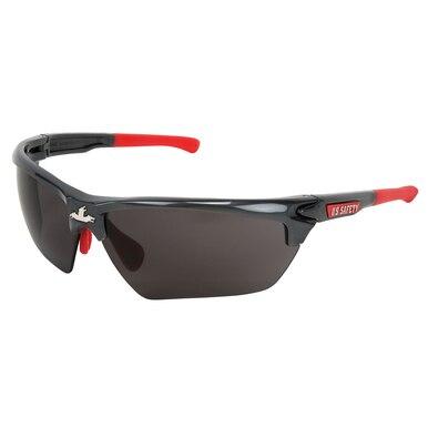 The MCR Safety Dominator DM3 Gun Metal Frame Glasses DM131, available in a convenient 12/box format, are stylish black safety sunglasses that feature a scratch-resistant coating and dark lenses with striking red accents on the arms, complete with a subtle logo on the side.