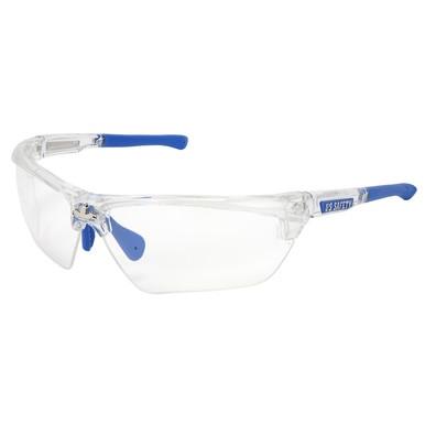 The MCR Safety Dominator DM3 Clear Frame Glasses DM132, complete with MAX3 scratch-resistant coating, offer clear lenses along with adjustable nose pads and blue temple tips to ensure superior eye protection. Tailored for military and police use, these glasses display a subtle white logo on the left temple arm.