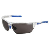 Introducing the MCR Safety Dominator DM3 Clear Frame Glasses (Model DM132), these sunglasses feature dark tinted lenses and blue-tipped arms, enhanced with a MAX3 scratch-resistant coating. Built for durability, they are especially suited for military and police applications. Available in boxes of 12 from MCR Safety.