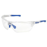 The MCR Safety Dominator DM3 Clear Frame Glasses DM132 come equipped with clear lenses featuring the MAX3 scratch-resistant coating, making them ideal for protective use. Designed with blue-tipped temples and a subtle blue logo on the right arm, these wraparound safety glasses are perfect for military and police applications.