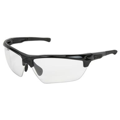 Introducing the MCR Safety Dominator DM3 Black Frame Glasses DM133, featuring a stylish black frame with clear, partially rimless lenses. These glasses come equipped with adjustable nose pads and contoured arms to ensure a comfortable and secure fit, providing exceptional protection for your eyes.