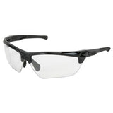 A pair of MCR Safety Dominator DM3 Black Frame Glasses DM133, featuring sleek black frames and clear wraparound lenses. The sporty, modern design includes adjustable nose pads for comfort and excellent eyewear protection, available in a box of 12.