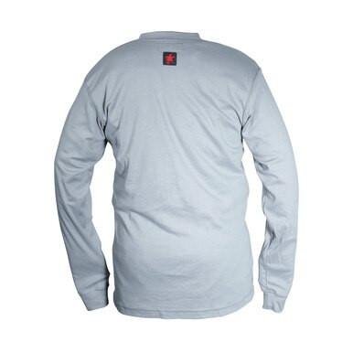 The MCR Safety FR Gray Henley Cotton Shirt H1G, depicted from the back, showcases a small black square with a red maple leaf at the upper center. It is crafted from moisture-wicking fabric to ensure all-day comfort.