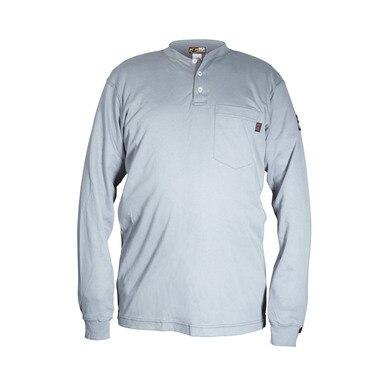 The MCR Safety FR Gray Henley Cotton Shirt H1G by MCR Safety is a light blue long-sleeve henley shirt, featuring a round collar and three buttons, with a left chest pocket. It is crafted from soft, moisture-wicking fabric to ensure all-day comfort.