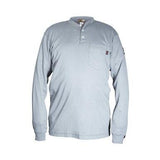 MCR Safety's FR Gray Henley Cotton Shirt H1G offers a light blue design with long sleeves, featuring a moisture-wicking capability, three-button placket, and chest pocket. It is crafted from soft fabric with a straight hem and includes a logo tag on the pocket.