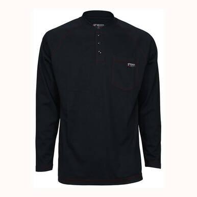 A long-sleeved MCR Safety FR Navy Henley Cotton Shirt H1N, designed with a buttoned placket and chest pocket, is showcased against a light background. This dark-colored top offers moisture-wicking comfort and practical functionality.