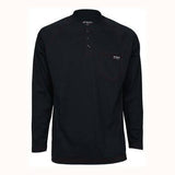 A long-sleeved MCR Safety FR Navy Henley Cotton Shirt H1N, designed with a buttoned placket and chest pocket, is showcased against a light background. This dark-colored top offers moisture-wicking comfort and practical functionality.