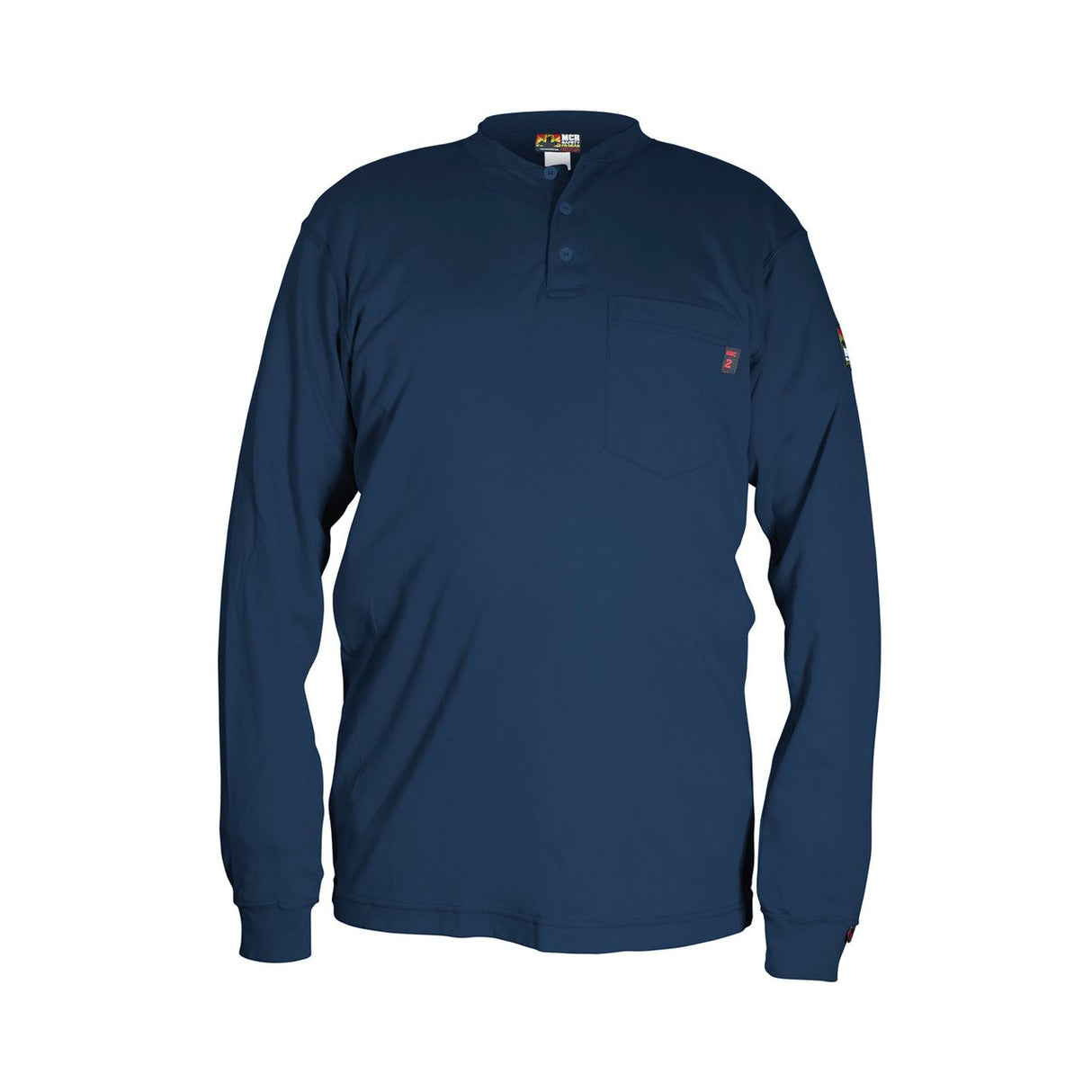 The MCR Safety FR Navy Henley Cotton Shirt H1N by MCR Safety features long sleeves, a dark blue color, a short button placket, and a small chest pocket. Designed with moisture-wicking technology, it is showcased against a plain white background.