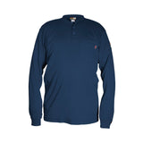 The MCR Safety FR Navy Henley Cotton Shirt H1N by MCR Safety features long sleeves, a dark blue color, a short button placket, and a small chest pocket. Designed with moisture-wicking technology, it is showcased against a plain white background.