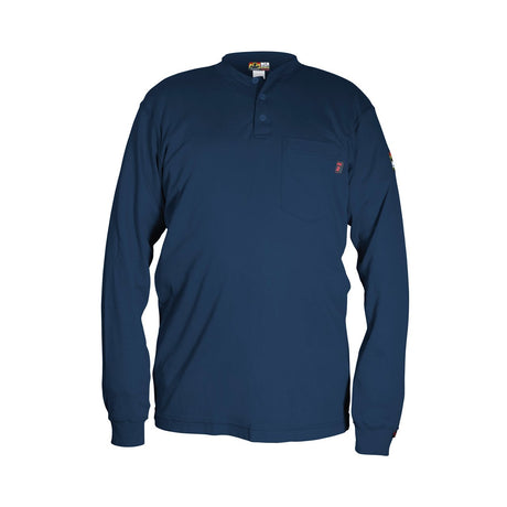 Introducing the MCR Safety FR Navy Henley Cotton Shirt H1N, a flame-retardant, long-sleeved navy henley from MCR Safety, featuring a buttoned collar and chest pocket.