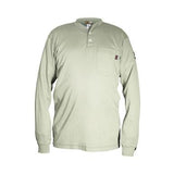 The MCR Safety FR Tan Henley Cotton Shirt H1T by MCR Safety is a light green, long-sleeve Henley shirt featuring a buttoned collar and chest pocket. It is made with moisture-wicking fabric and includes a small logo tag on the sleeve and chest pocket, all set against a plain white background.