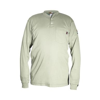 A tan long-sleeve henley shirt by MCR Safety, featuring a buttoned collar and chest pocket, crafted from moisture-wicking fabric, displayed on a white background.