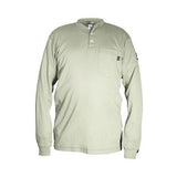 The MCR Safety FR Tan Henley Cotton Shirt H1T in light green offers the perfect combination of style and comfort with its long sleeves, buttoned henley collar, and convenient chest pocket. Designed for everyday wear, this moisture-wicking shirt features a subtle logo patch on both the pocket and sleeve.