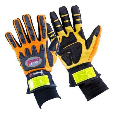 Introducing the MCR Safety Memphis Forceflex Cold Weather Work Gloves HV200, perfect for cold weather. These orange and black gloves feature reflective yellow wrist patches and extra padding for added protection.