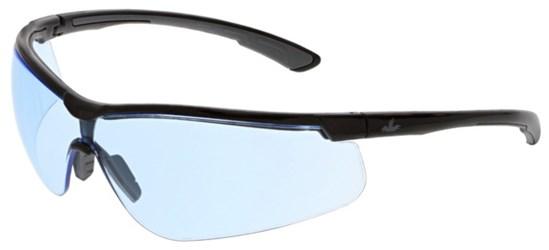 The MCR Klondike KD7 Safety Glasses by MCR Safety feature a sleek black frame and blue-tinted lenses that double as sports sunglasses, meeting ANSI Z87+ standards. The UV-AF anti-fog coating ensures clear vision, while the logo on the temple adds a stylish touch.