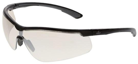 The MCR Safety Klondike KD7 Safety Glasses with UV-AF Lens feature a sleek black frame and clear lenses designed for eye protection. They meet the ANSI Z87+ Standard and include UV-AF Anti-Fog technology for improved clarity, available as model KD71_AF in packages of 12 per box.