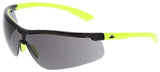 The MCR Safety Klondike KD7 Safety Glasses boast sleek frames with dark, polycarbonate MAX36 AF lenses and vibrant neon yellow arms. Enhanced durability and style are highlighted by a subtle logo on the arm.