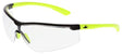 The MCR Safety Klondike KD7 Safety Glasses come with UV420 MAX6 anti-fog clear lenses and have black and neon yellow frames. The glasses feature curved temples with a small black logo, providing UV protection for enhanced eye safety.