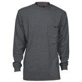 The MCR Safety FR Lightweight Long Sleeve T-Shirt Gray LST1G, a dark gray crew-neck shirt made from flame-resistant cotton, features a chest pocket with a small black and white logo. Certified for safety by NFPA 2112, this MCR Safety clothing item is presented against a plain white background.