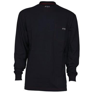 Introducing the MCR Safety FR Lightweight Long Sleeve T-Shirt in Navy (LST1N), made from flame-resistant cotton and featuring a small chest logo. This shirt meets the NFPA 2112 standards for flame-resistant clothing.