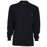 The MCR Safety FR Lightweight Long Sleeve T-Shirt Navy LST1N is designed with long sleeves and features a small logo patch on the left chest area. Made from flame-resistant cotton, this shirt meets NFPA 2112 standards and includes ribbed cuffs and a classic crew neckline, offering both safety and style.