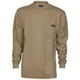 The MCR Safety FR Lightweight Long Sleeve T-Shirt Tan LST1T by MCR Safety is a beige long-sleeve shirt made from flame-resistant cotton. It features a round neckline and a chest pocket adorned with a small logo patch, presented against a plain white background to highlight its simple and casual design.