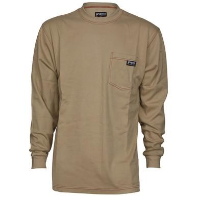 The MCR Safety FR Lightweight Long Sleeve T-Shirt Tan LST1T by MCR Safety is a beige long-sleeve shirt made from flame-resistant cotton. It features a round neckline and a chest pocket adorned with a small logo patch, presented against a plain white background to highlight its simple and casual design.