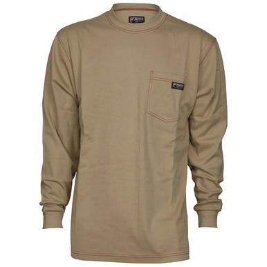 Introducing the MCR Safety FR Lightweight Long Sleeve T-Shirt Tan LST1T. Designed by MCR Safety, this long-sleeve shirt in beige is made from flame-resistant cotton and includes a small chest pocket on the left side. It boasts simple stitching details and a round neckline, meeting NFPA 2112 standards for flame-resistant clothing.