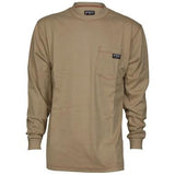 Introducing the MCR Safety FR Lightweight Long Sleeve T-Shirt Tan LST1T. Designed by MCR Safety, this long-sleeve shirt in beige is made from flame-resistant cotton and includes a small chest pocket on the left side. It boasts simple stitching details and a round neckline, meeting NFPA 2112 standards for flame-resistant clothing.