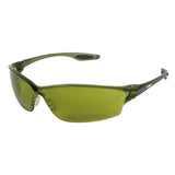 The MCR LW2 Law Plus Welding Safety Glasses by MCR Safety boast a sleek design featuring green filter lenses. Their streamlined, minimalist frame provides a modern aesthetic while ensuring full eye coverage and protection, making them ideal for outdoor activities.