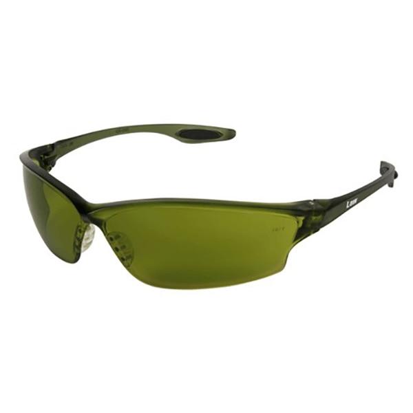 The MCR Safety LW2 Law Plus Welding Safety Glasses (LW21_0) come in a box of 12 and feature olive green tinted lenses, a wraparound design, sleek black frames, and adjustable nose pads. These dielectric eyewear glasses offer a stylish yet functional approach to protective use.