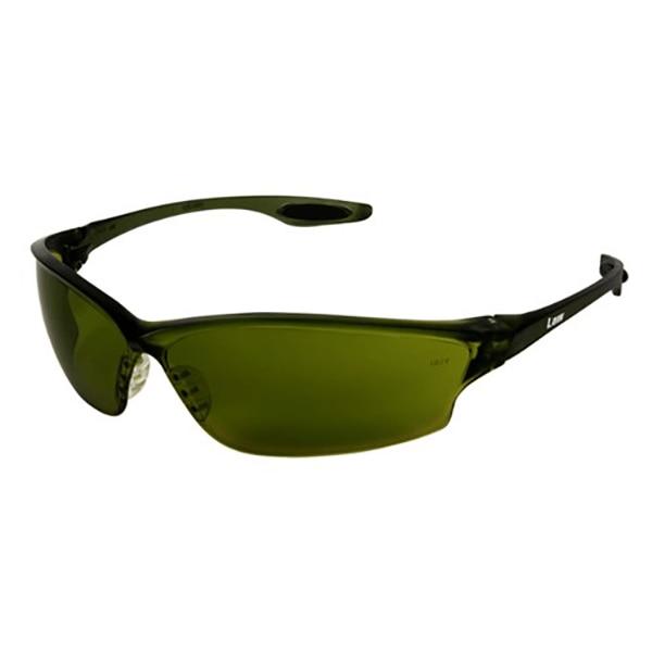 Introducing the MCR LW2 Law Plus Welding Safety Glasses LW21_0 by MCR Safety, featuring sleek black frames and dark green tinted lenses in a modern wrap-around design. The dielectric eyewear includes curved arms for a secure fit, making them perfect for protection during demanding tasks. Available in boxes of 12.