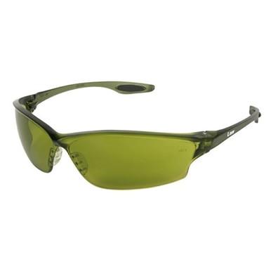 Introducing the MCR LW2 Law Plus Welding Safety Glasses LW21_0 by MCR Safety, available in a box of 12. These glasses feature a pair of olive green dielectric eyewear with a sleek wraparound design and curved, elongated temples. The green-tinted lenses ensure eye protection during welding activities, while the frame remains lightweight and suitable for any gender.