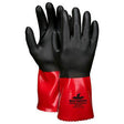 The MCR Safety Predastretch Gloves MG9645 (12 pairs) showcase black palms and red cuffs, made from a durable PVC/Nitrile bi-polymer. Their synthetic shell enhances protection, making them perfect for industrial or safety applications. The MCR Safety logo and text are displayed on the cuffs for easy identification.