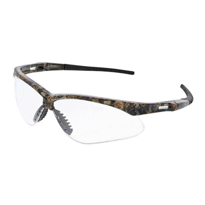 The MCR Safety Memphis Mossy Oak UV-AF Anti-Fog Safety Glasses, available in a 12-pack, feature UV-AF Anti-Fog polycarbonate lenses and a distinctive camouflage-patterned frame in Mossy Oak. These glasses are designed with a wrap-around style, black temple tips, and adjustable nose pads for enhanced comfort.