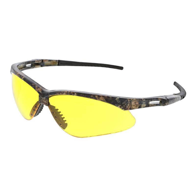 Introducing the MCR Safety Memphis Mossy Oak UV-AF Anti-Fog Safety Glasses, available in a convenient pack of 12. These sports sunglasses are designed with wraparound style and feature yellow-tinted polycarbonate lenses housed in a Mossy Oak camouflage-patterned frame. Their streamlined, ergonomic temples provide enhanced comfort and support, while the UV-AF Anti-Fog technology ensures clear vision in any condition.