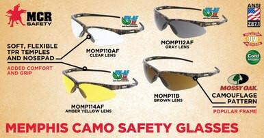 Advertisement for MCR Safety Memphis Mossy Oak UV-AF Anti-Fog Safety Glasses, available in four camouflage styles with polycarbonate lenses: clear (MOMP110AF), gray (MOMP112AF), amber yellow (MOMP114AF), and brown (MOMP11B). These glasses feature UV protection, anti-fog technology, and soft, flexible temples for comfort. Packaged 12 per box.