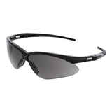 Introducing the MCR Memphis UV-AF Anti-Fog Safety Glasses by MCR Safety, featuring a sleek, wraparound design with dark tinted polycarbonate lenses. These glasses come with a matte finish frame and adjustable nose pads for comfort, offering UV protection to shield your eyes from the sun. Available in boxes of 12.