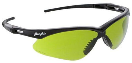 Introducing the MCR Memphis Black Welding Safety Glasses MP11_0 by MCR Safety, featuring a sporty design with black frames and yellow-tinted polycarbonate lenses. Ideal for casual outings, these glasses comply with ANSI Z87+ standards. The stylish "Memphis" logo is elegantly printed on the side of the frames.