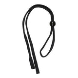 Against a white background, a black, elastic hair tie with a bead slider and two dangling fabric ends is displayed, reminiscent of the sleek design seen in MCR Safety's Memphis MAX36 Dual Coating Safety Glasses MP11_DC 12/box.