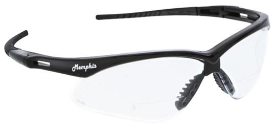 A pair of sporty safety glasses with black frames and clear polycarbonate lenses. The frame includes adjustable nose pads and is labeled "MCR Safety" on the side, ensuring both style and protection.