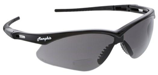 The MCR Memphis Magnifier Readers Safety Glasses MP11_0 by MCR Safety showcase a sporty design with black wraparound frames, featuring polycarbonate lenses with a dark tint. The frame has a small white logo on the side and includes textured nose pads and curved arms to ensure a secure fit.