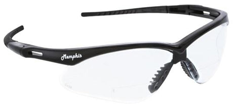 A pair of MCR Safety Memphis Magnifier Readers Safety Glasses MP11_0, featuring black frames and clear polycarbonate lenses. "Memphis" is prominently displayed in white lettering on the left side of the frame. These glasses offer adjustable nose pads and a sporty design, ideal for those looking for a combination of style and protection.