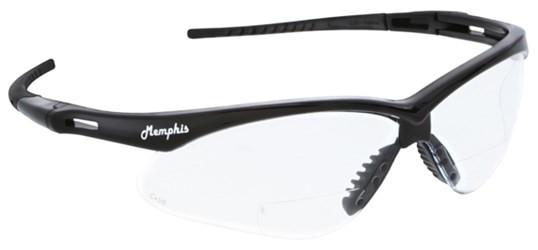 A pair of black-rimmed MCR Memphis Magnifier Readers Safety Glasses MP11_0, featuring clear polycarbonate lenses. The word "Memphis" is printed on the left side of the frame, and the design includes adjustable nose pads for comfort.