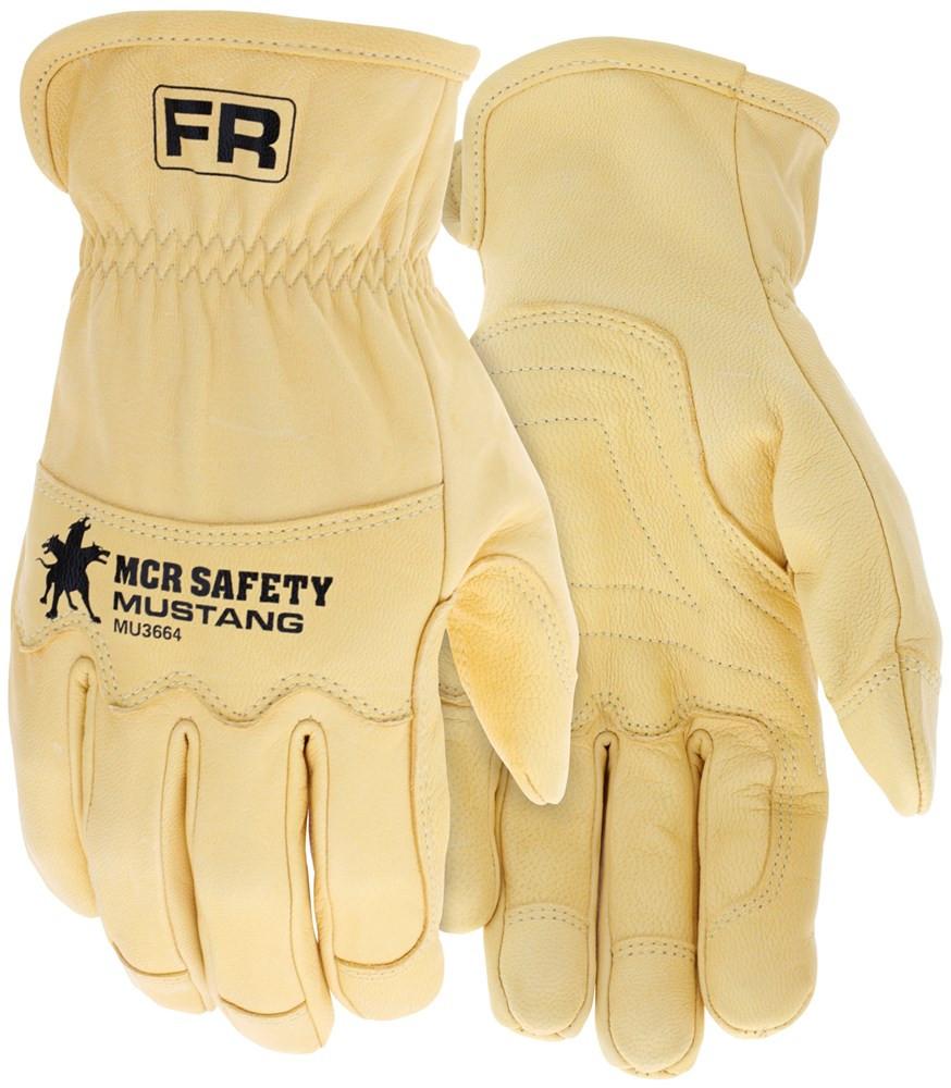 A pair of durable yellow leather work gloves displays the black "MCR Safety" branding on the back. One glove is shown palm up while the other is palm down, featuring "MCR Mustang HiDex," "FR," and offering ANSI abrasion level 4 durability for outstanding protection without compromising on dexterity.