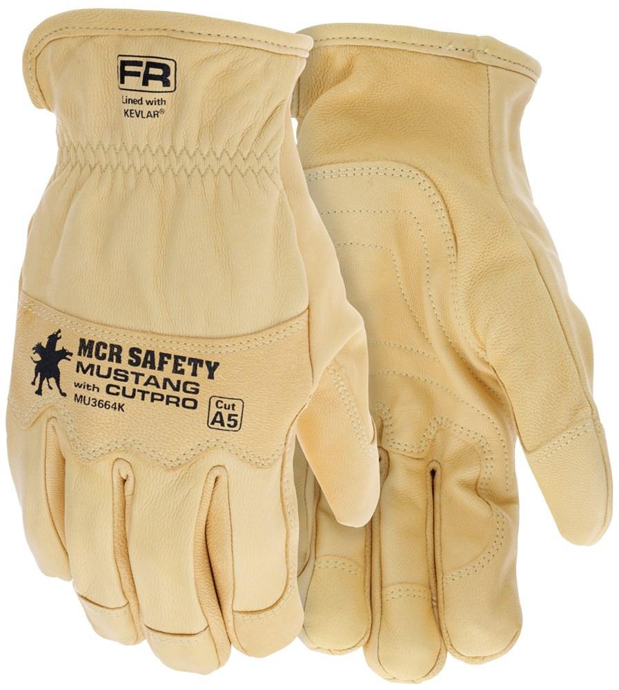 A pair of MCR Mustang HiDex Kevlar Lined Leather Driver MU3664K gloves in beige goatskin leather featuring a Kevlar lining for high dexterity, printed with "MCR Safety" and rated for cut resistance classification A5.