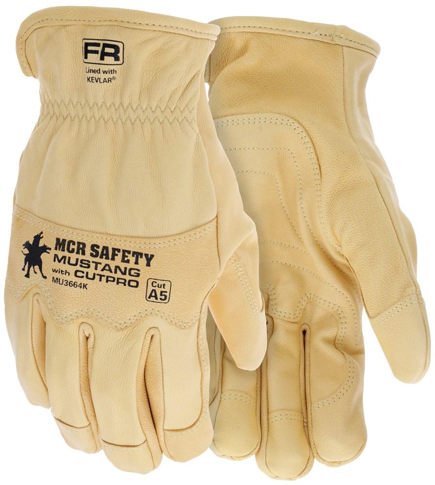 A pair of beige goatskin leather safety gloves labeled "MCR Mustang HiDex Kevlar Lined Leather Driver MU3664K" by MCR Safety. One glove showcases the back design and logo, while the other reveals the palm. Both are designed to offer high dexterity, durability, and protection.