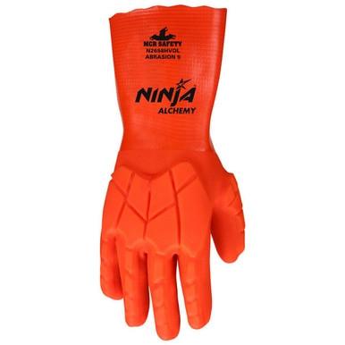 The MCR Safety Ninja Alchemy Glove N2658HVO, available in a pack of 12 pairs, is a bright orange safety glove equipped with reinforced textured grip. Labeled with "Ninja Alchemy" and "MCR Safety," these PVC-coated gloves offer TPR protection and are designed for enhanced abrasion resistance and robust protection.