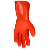 A vibrant orange MCR Safety Ninja Alchemy Glove N2658HVO is positioned upright, displaying the palm side with a textured grip. It features a long cuff extending to mid-forearm, tailored for industrial or cleaning tasks, and has fingers that are slightly curved inwards.